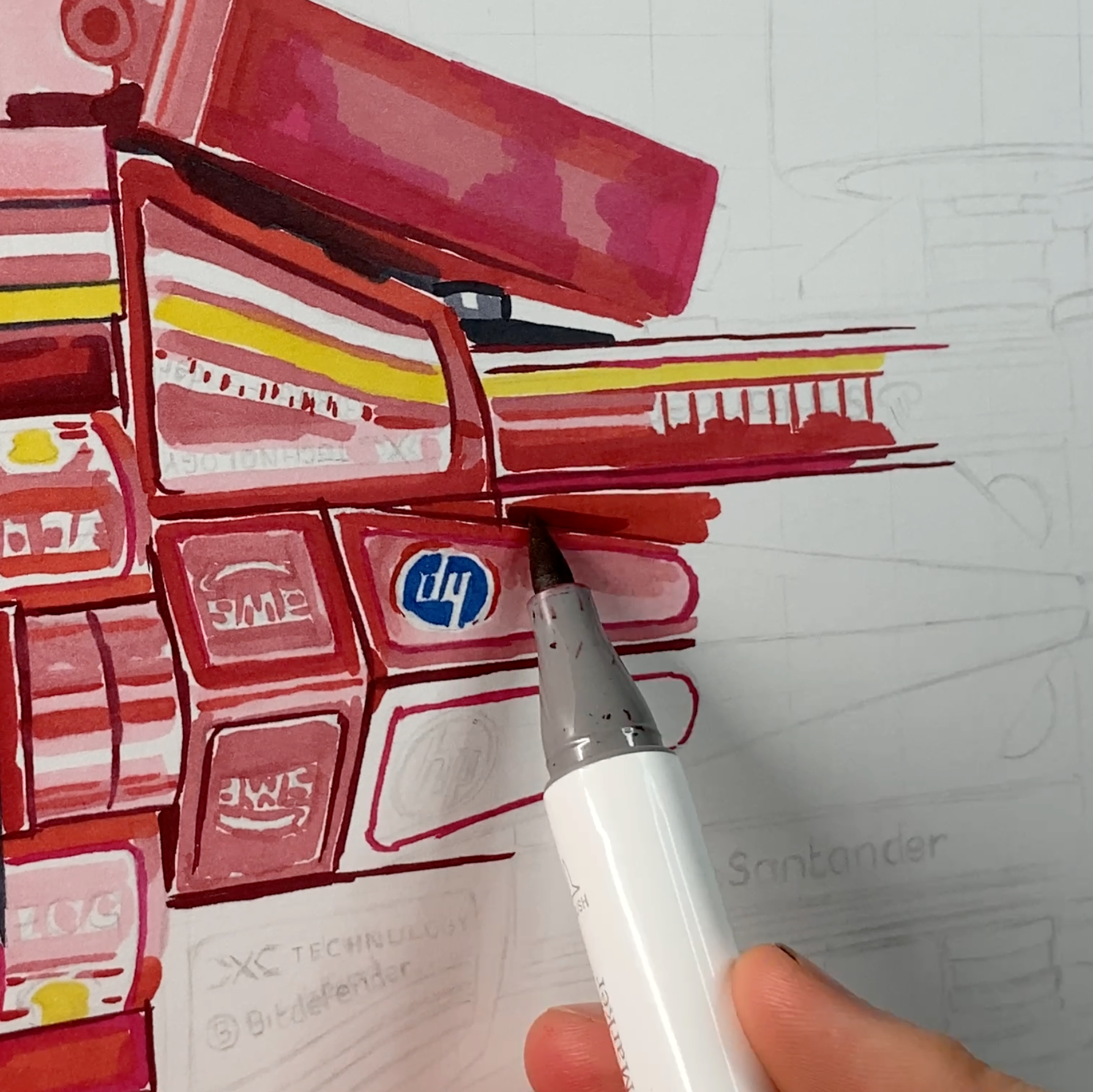 tom mothersole doing the base layer with alcohol markers of intricate leg art coloured pencil drawing of the lego ferrari f1 car