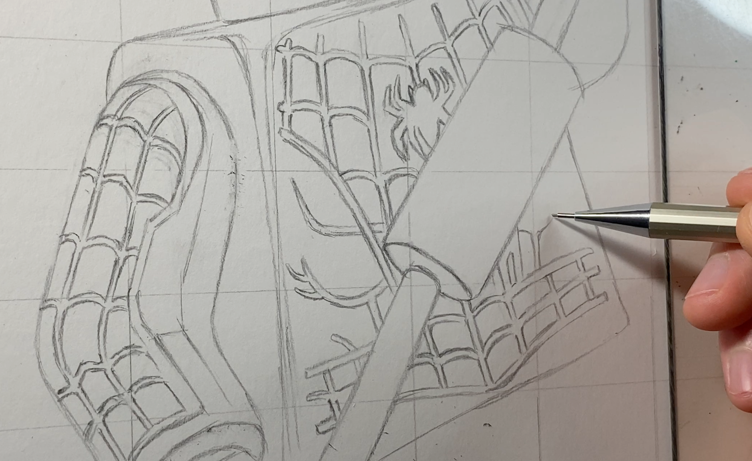 tom mothersole doing the sketch for his realistic lego spider man drawing