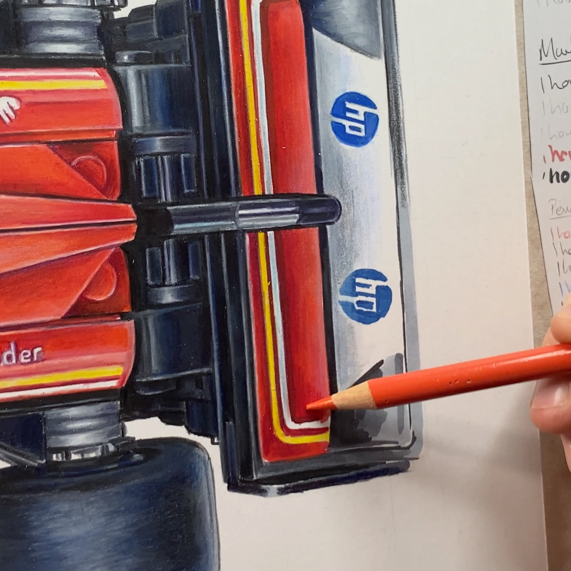 tom mothersole drawing the rear wing of the LEGO Ferrari F1 car Speedchampion using red coloured pencils