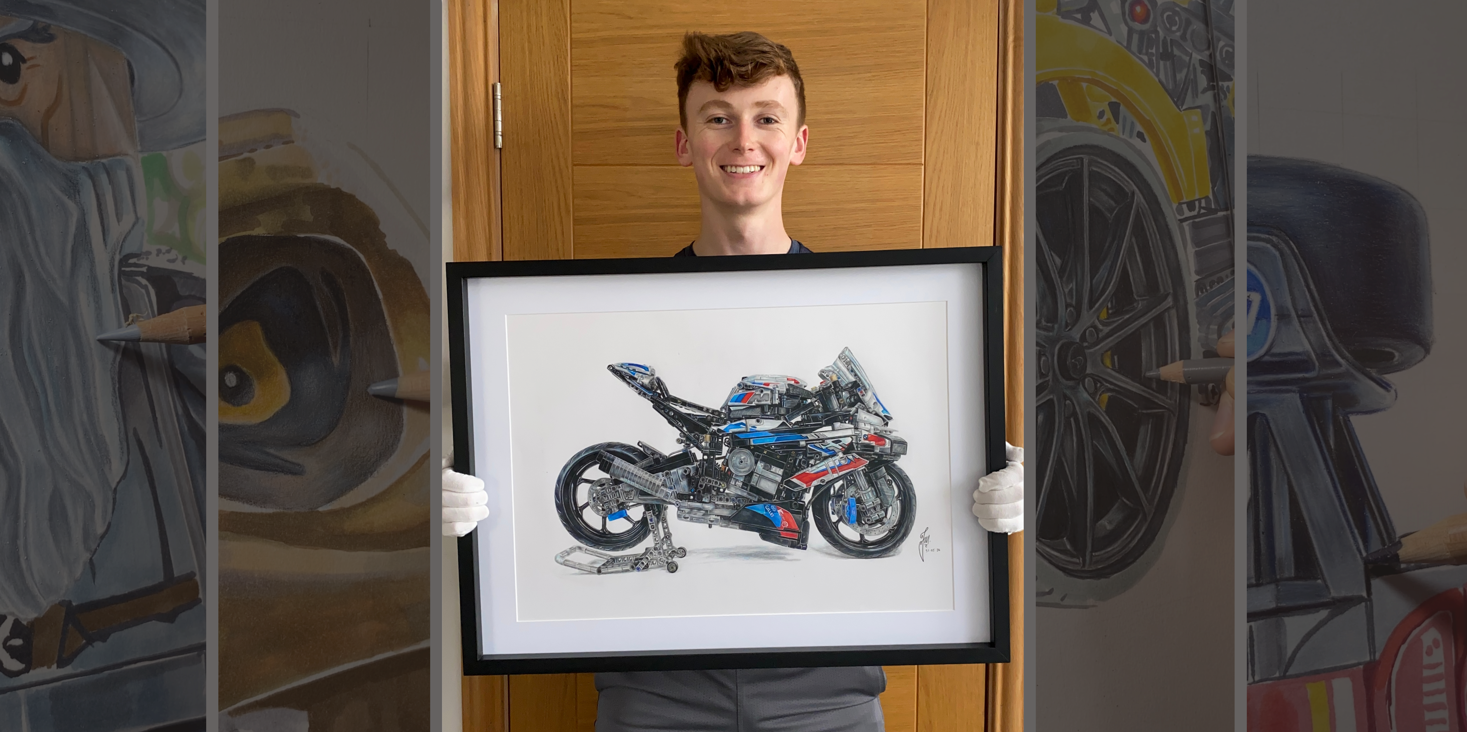 tom mothersole holding realistic coloured pencil drawing of the lego BMW M1000 RR with pictures of the artistic process.