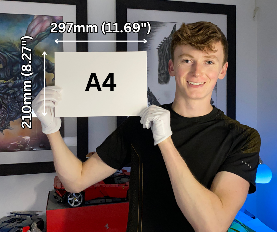 tom mothersole with A4 piece of paper size guide