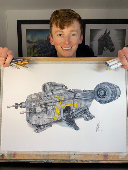 realistic coloured pencil drawing of the LEGO Razorcrest spaceship from starwars the mandalorian by tom mothersole lego art