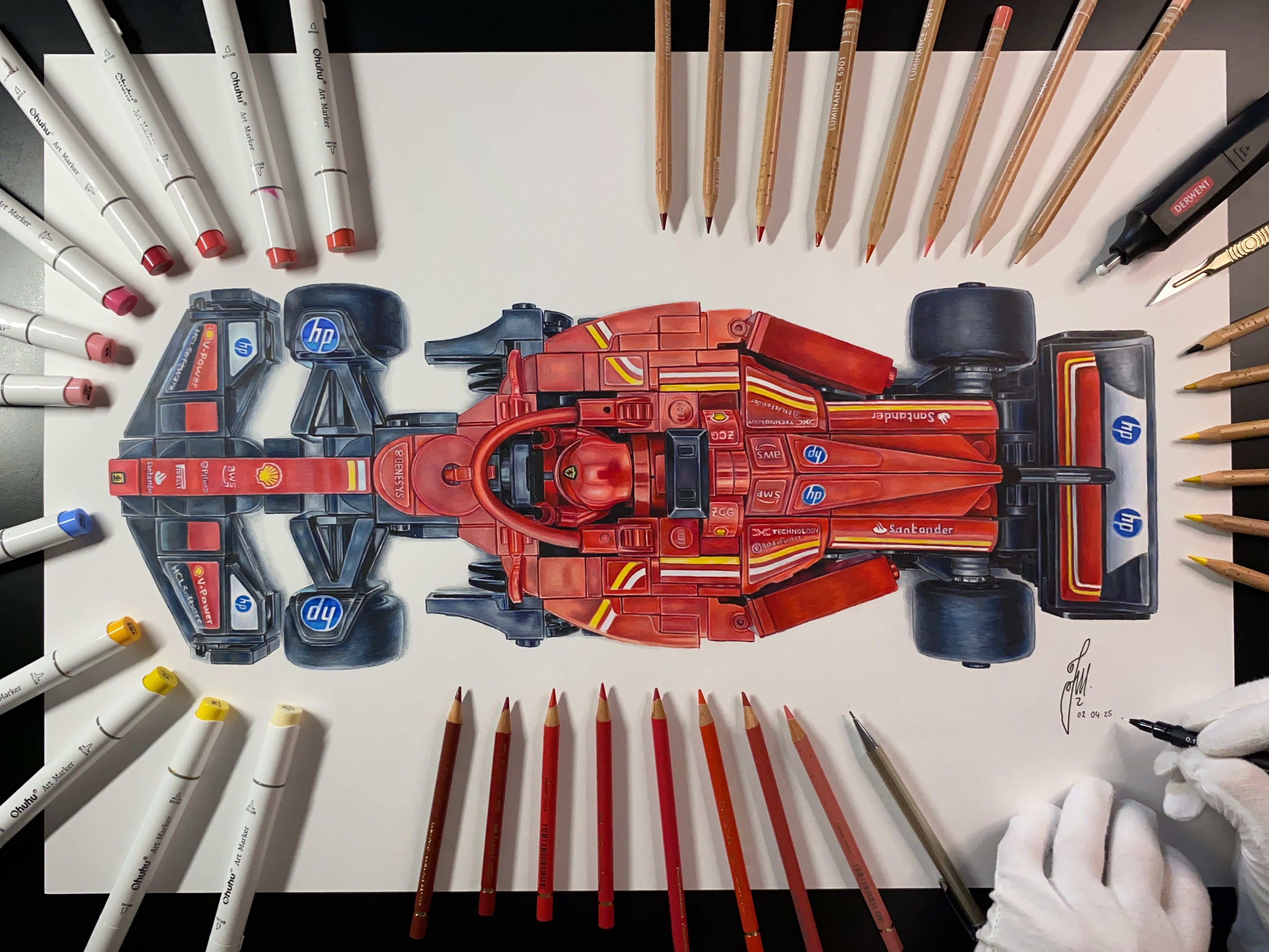 tom mothersoles realistic coloured pencil drawing of the LEGO Ferrari F1 car speedchampion