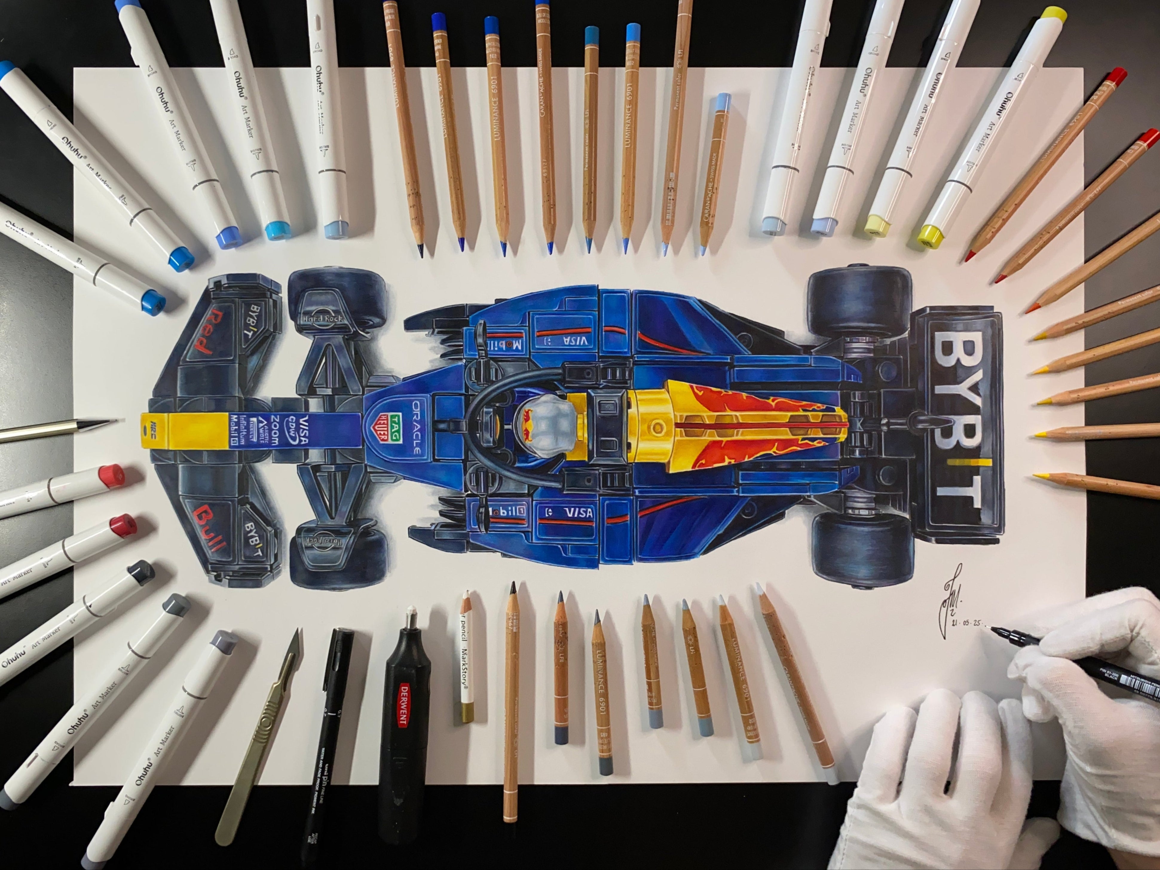 tom mothersoles realistic coloured pencil drawing of the LEGO RedBull F1 car speedchampion