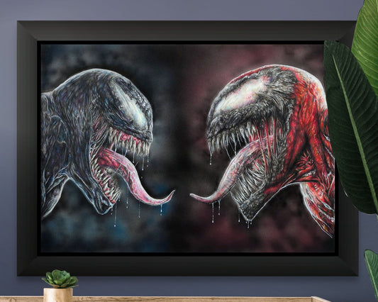 Framed print of my realistic coloured pencil drawing of venom and carnage 